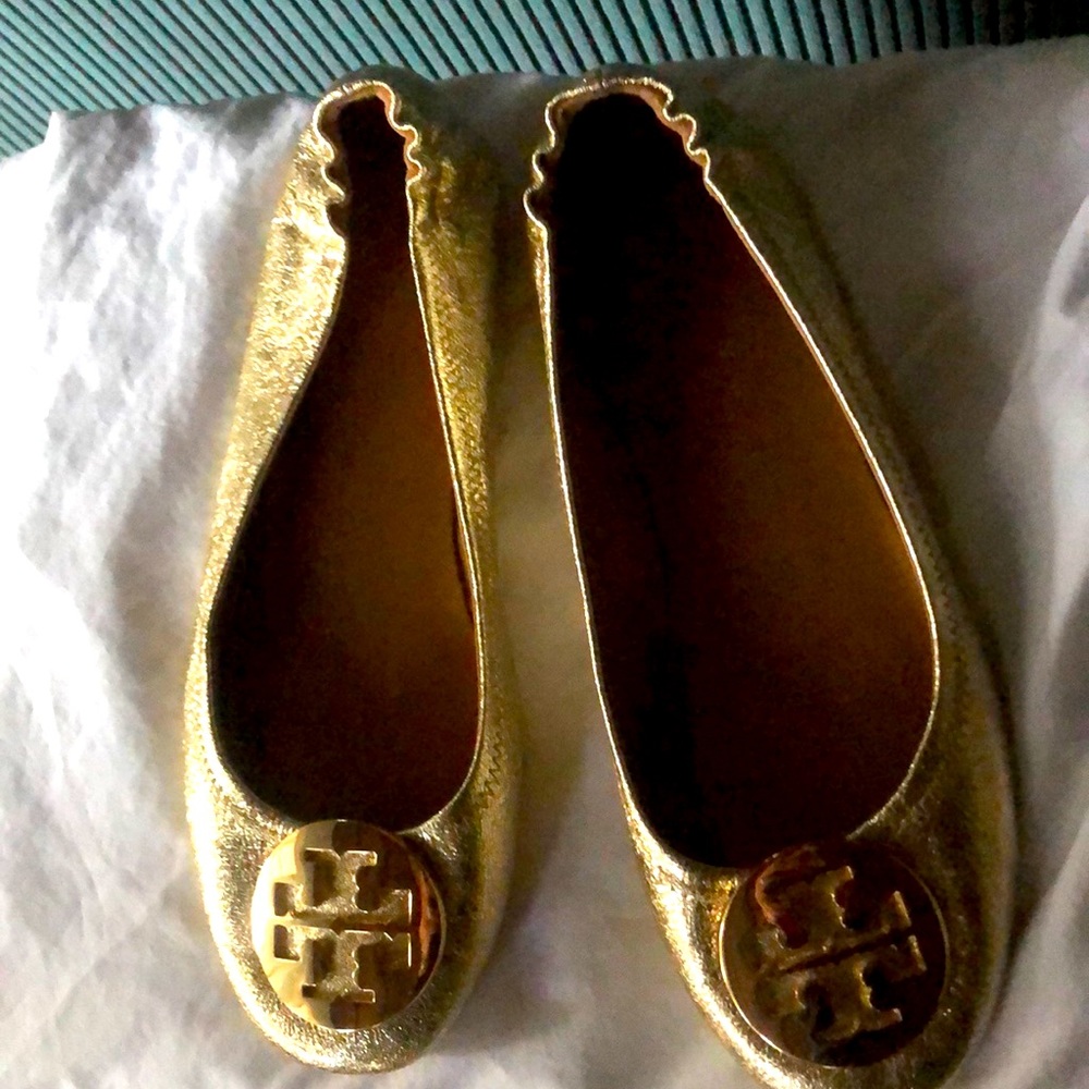 Tory burch minie travel ballet flats in gold spark 8.5 NWOT